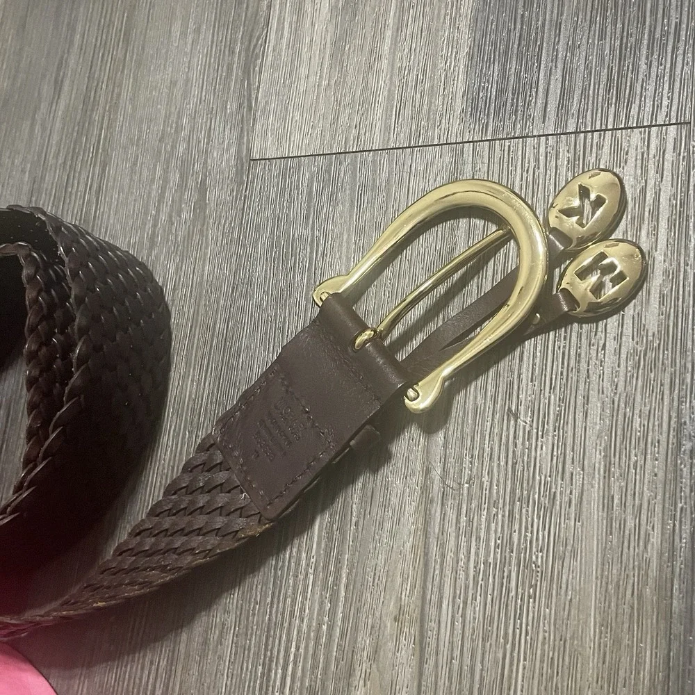 MICHAEL Michael Kors Brown Gold Braided Leather Belt XL Boho Woven MK Charm Wide